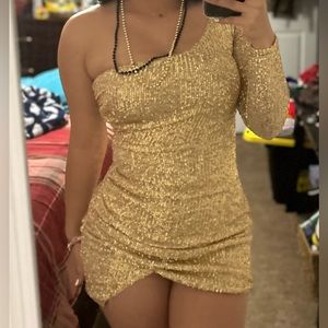 Gold sequin one shoulder long sleeve dress